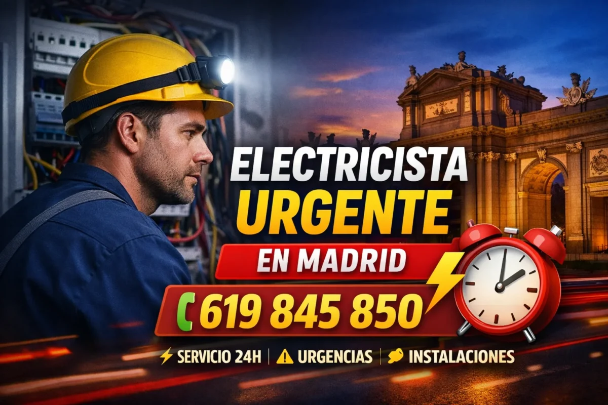 Electricista urgente en Madrid reparando cuadro eléctrico con servicio 24h, urgencias y número de contacto visible.