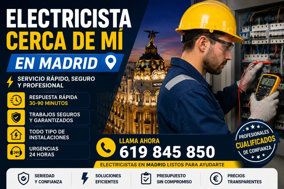 Electricista cerca de mí en Madrid con servicio rápido 24 horas, atención urgente y teléfono 619 845 850